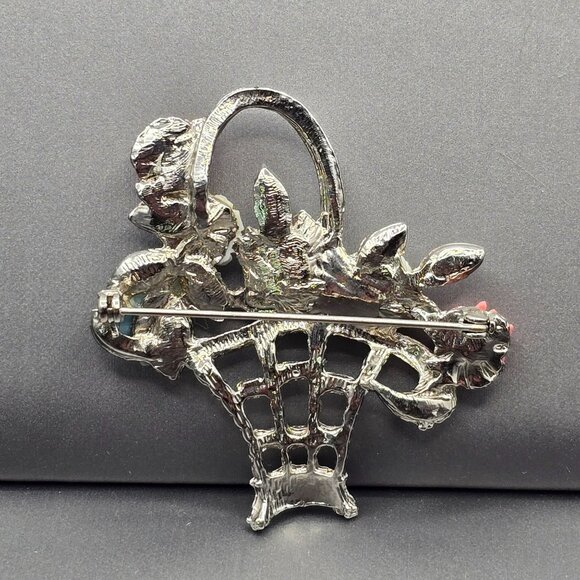 VTG Carved Lucite Flower Basket Brooch Silver Tone Pastel Blue Pink White 2.5" - Picture 4 of 9